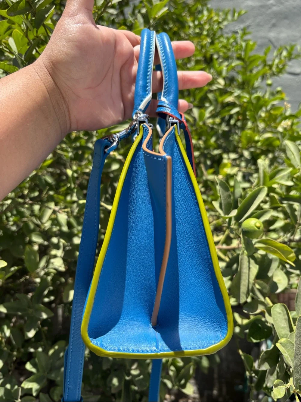 Fendi Electric Blue Leather Satchel with Lime Trim